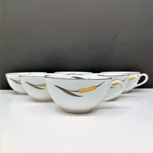 Set/6 Sango Del Mar Coffee Cups Teacups yellow cattails platinum trim MCM - Picture 2 of 4